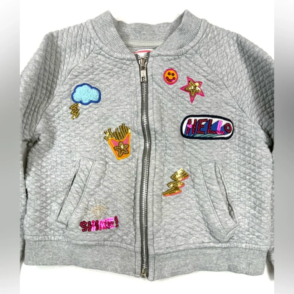 GYMBOREE Girls Sequin Patch Bomber Jacket S Hello Fries Smiley Face‎ Girly Fun